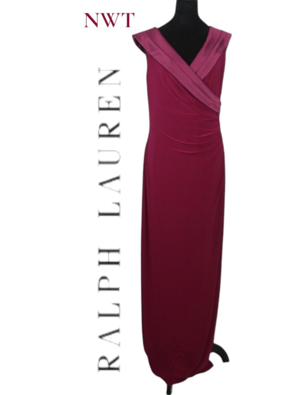NWT Lauren Ralph Lauren Burgundy Evening Gown with Satin Neckline Size 12